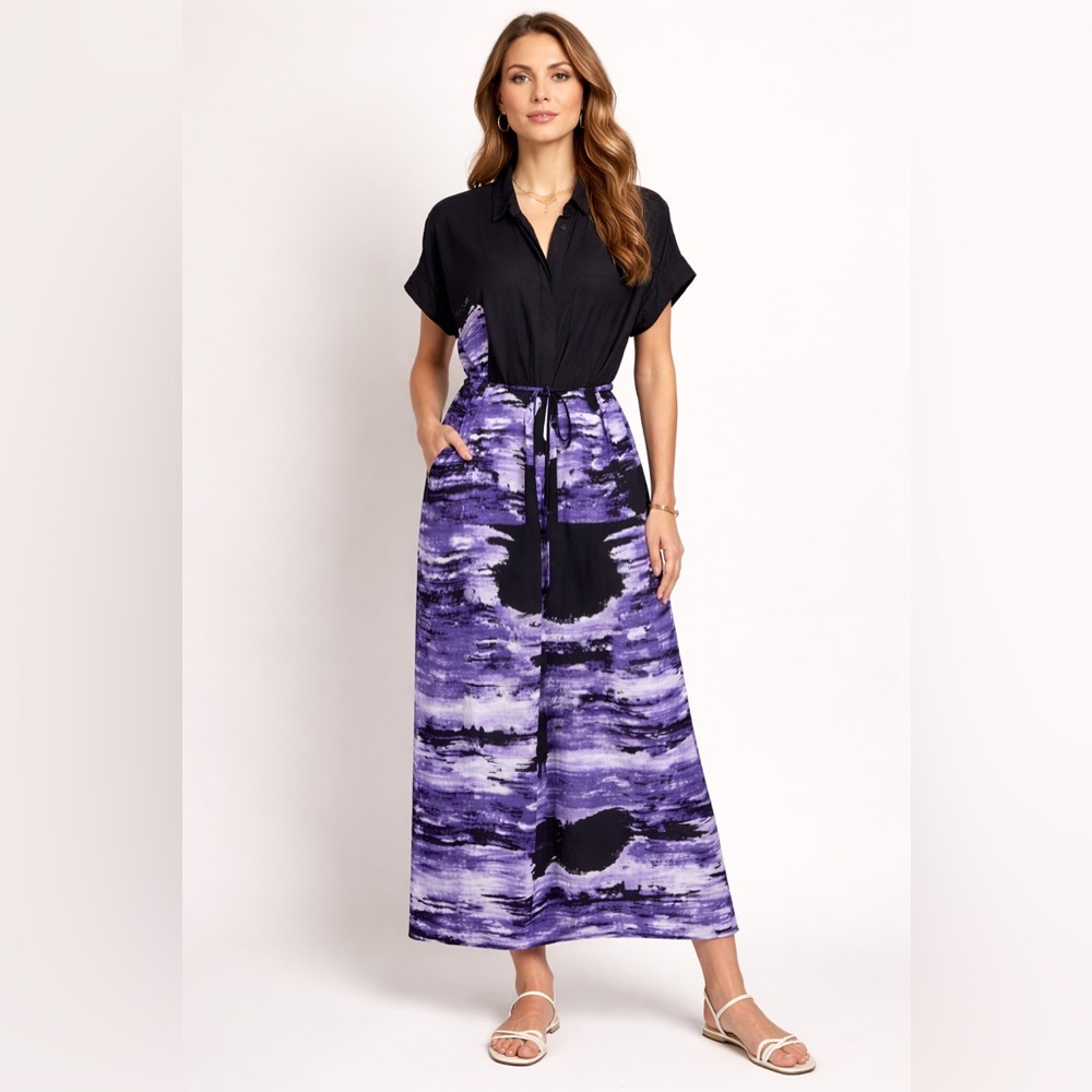 NU Denmark Maxi Dress button down Purple Black watercolor Tie Waist ECOVERO Larg